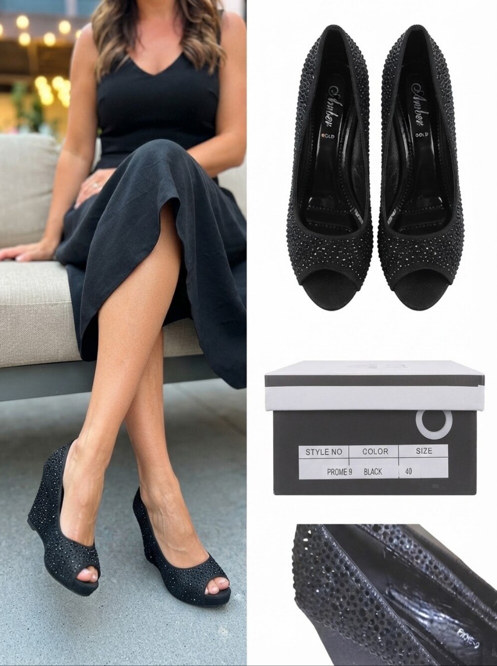 NWT Amber Gold Prome-9 Black Rhinestone Peep Toe Wedge Pumps Size 40 / US 9